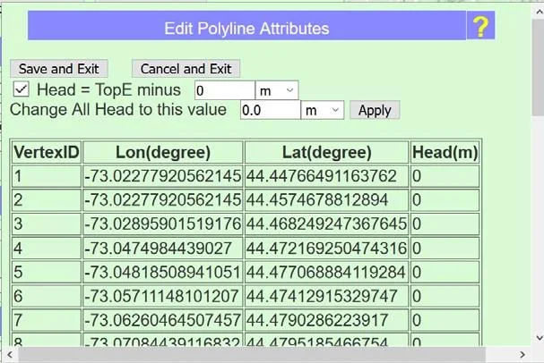 Edit Polyline Attributes menu for two-way head dependent flux treatment of a line feature, showing fields for river stage, bottom elevation, leakance, and width