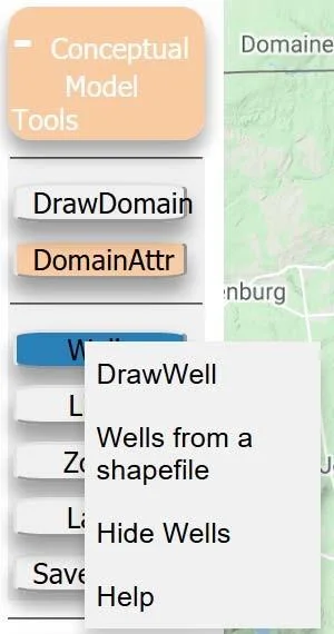 Pop up window generated upon selecting a well location, showing the well input form with fields for pumping rate, name, and other well properties