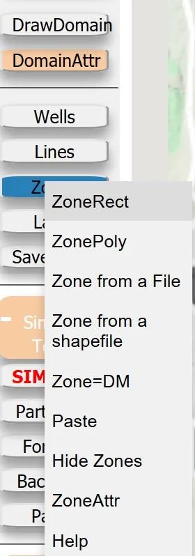 Zone selection window showing zone options for conceptual model features including ZoneRect for rectangular zones and ZonePoly for arbitrary polygon zones
