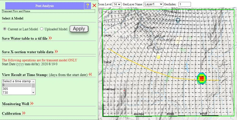 Plan-view results of transient simulation at time t=0 days showing initial head contours equivalent to the starting steady-state solution