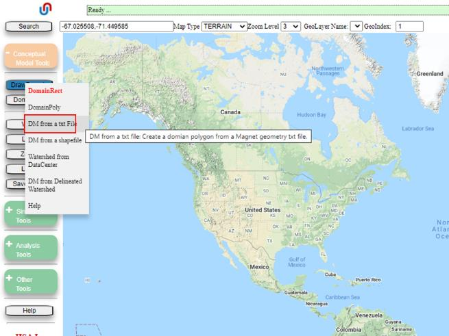 World-scale MAGNET4WATER interface with DrawDomain menu expanded, showing DM from a txt file option