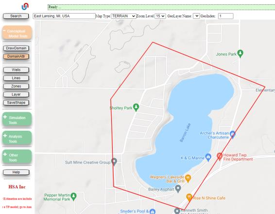 Map display zoomed to Barron Lake area showing red rectangular model domain polygon around the lake