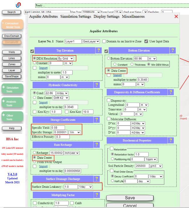 Aquifer Attributes menu with Specific Yield 0.08, Specific Storage 1e-6, Top Elevation DEM, Bottom Elevation Data Center, and Recharge Data Center all configured