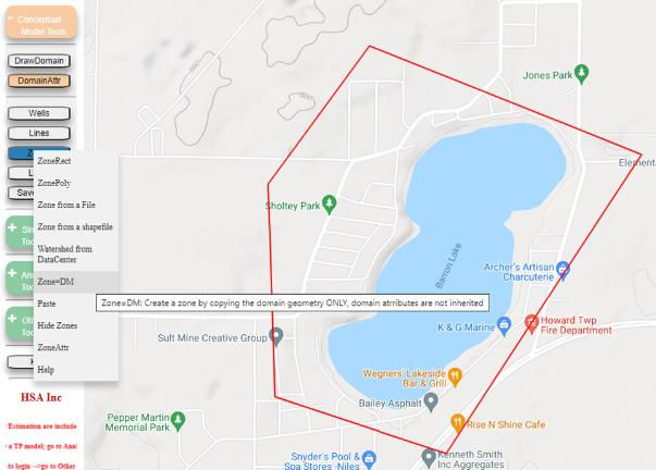 Map display showing Zone=DM menu option creating a zone with identical geometry to the domain polygon