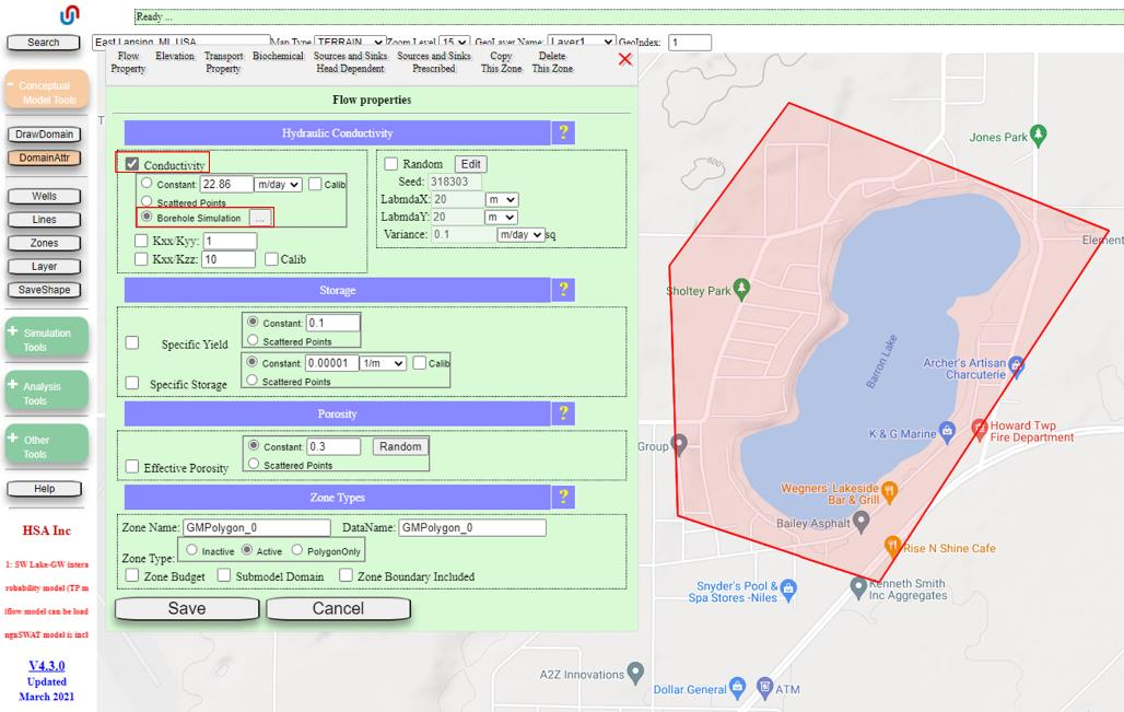 Flow Properties tab of Zone Attributes with Conductivity checked and Borehole Simulation selected as sub-option, plus the Zone Name and Type settings