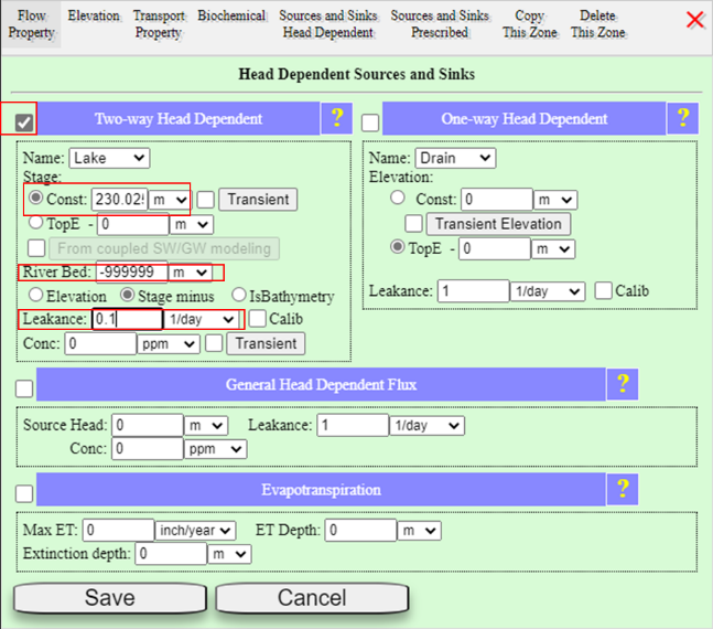 Head Dependent Sources and Sinks tab with Two-way Head Dependent checked, lake name, Const stage 230.02, From coupled SW/GW modeling checked, River Bed -999999, IsBathymetry with WaterDepth.txt imported