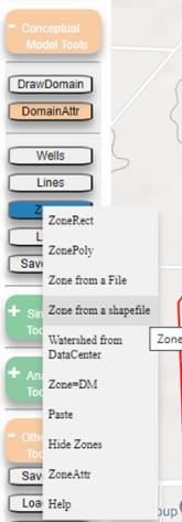Shapefile Import Options with three files uploaded, Select Shape Record Options showing MUNICIPLTY filter with multiple zones selected like Stage_Wlekllinski Stage_Nelson Stage_Kutcheck Stage_Kelly VirtuaPts1 VirtuaPts2