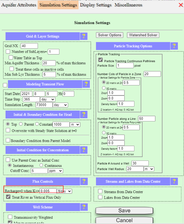 Simulation Settings with Grid NX=80, SubLayers=5, Modeling Transient Flow checked with 6/25/2013 start, 1 day time step, 135 day simulation length, Overwrite Steady State checked