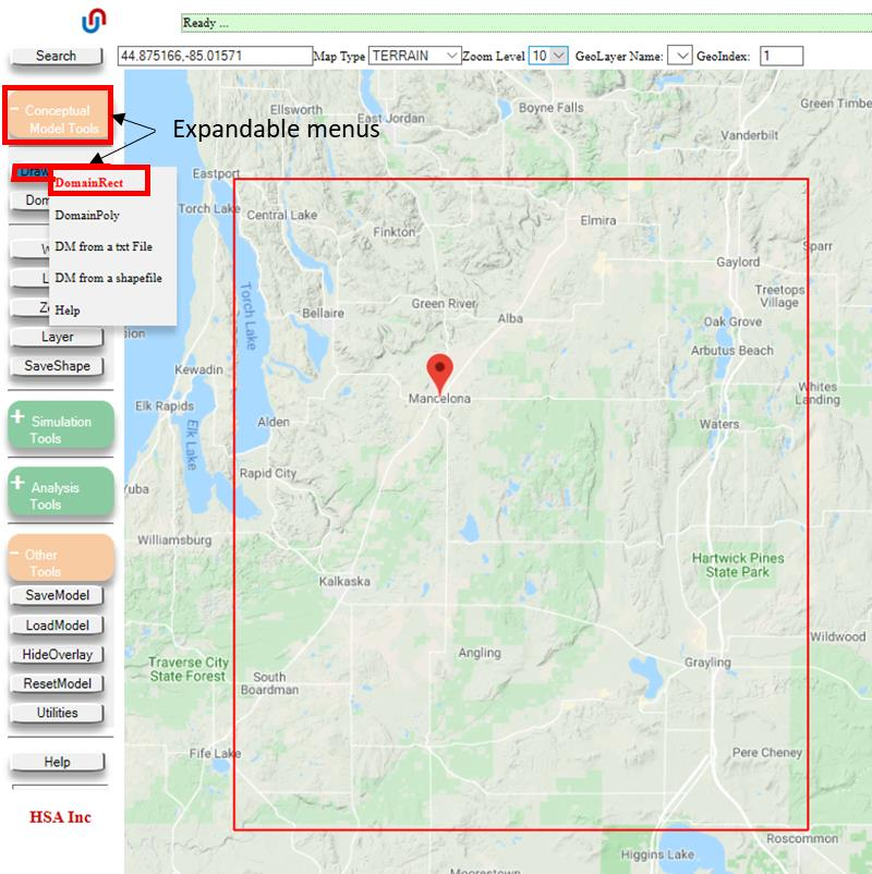 Navigation tools with Search bar and Zoom level controls, zoomed to Mancelona Michigan