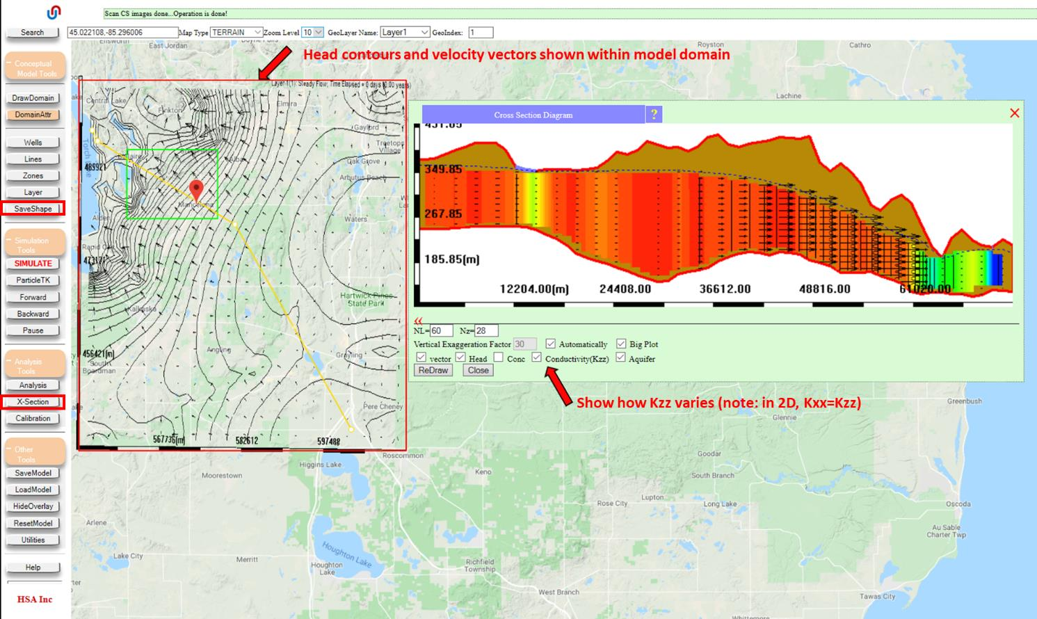 Conceptual cross-section diagram showing aquifer top at land surface, aquifer bottom at bedrock, unsaturated zone, groundwater system, spatially-variable recharge, and discharge to surface water body