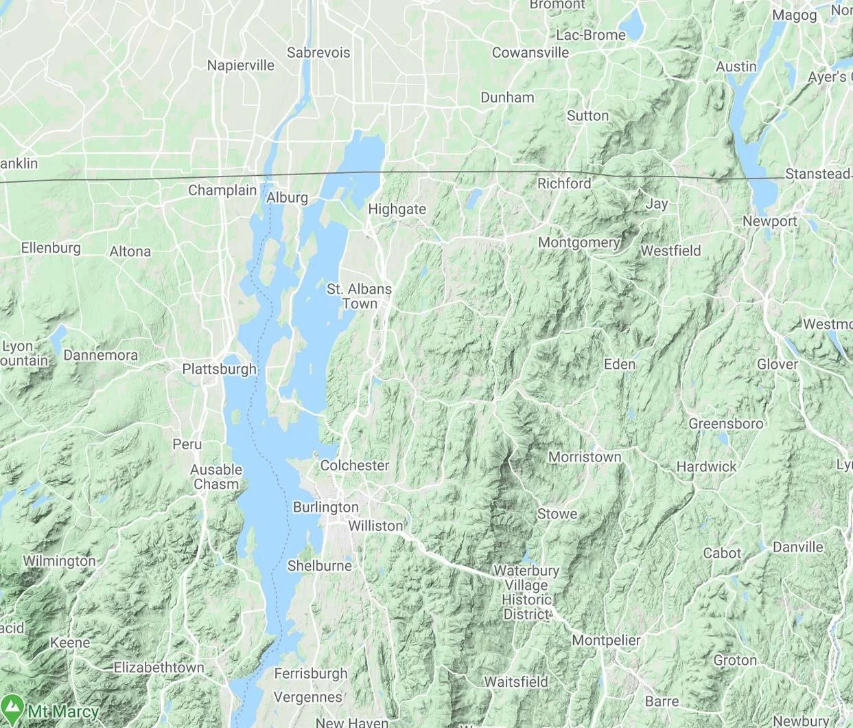 Map view of the area of interest for modeling in northern Vermont, showing topography, towns, and water features at an appropriate scale for groundwater modeling