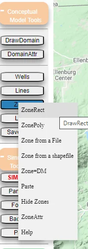 Sequence of menu steps to access the Zone drawing tool: Conceptual Model Tools, then Zones, then ZoneRect