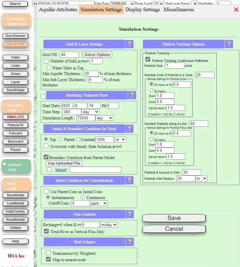 Domain Attributes Simulation Settings window showing the Boundary Condition from Parent Model checkbox, which enables the nested model to use flow data from the parent model