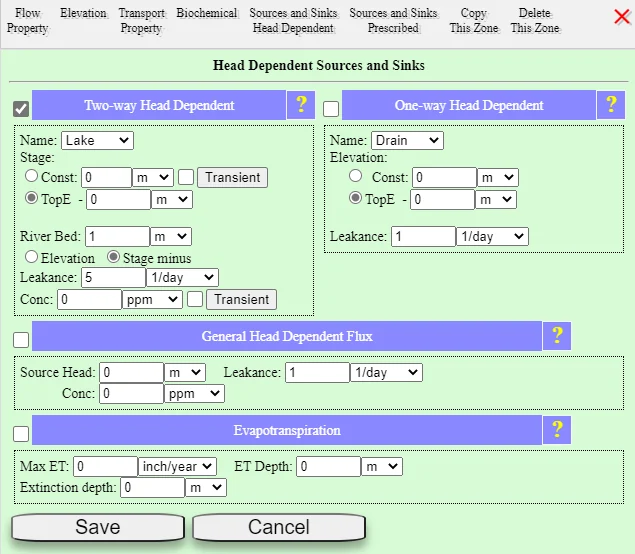 Option selection for flow from or to a lake. The next step is to simulate the behavior of our aquifer with the lake included. This is achieved by clicking the SIMULATE button whereupon the sequence of messages shown in Figure 42 and Figure 43 are encountered. Check OK for each and your simulation will begin. Note that the progress of the simulation appears at the top of the screen in the message window. In due course the computed head solution for the entire model is produced and plotted. The specific area of interest to us is shown as