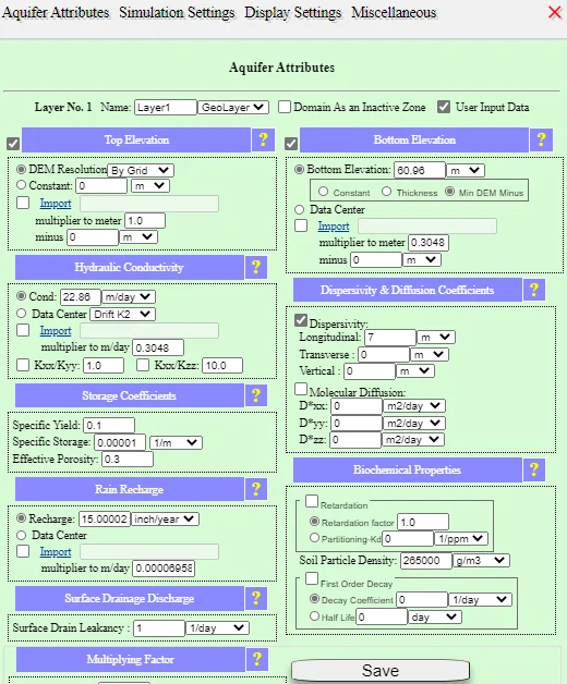 Using the Domain Attributes menu (Aquifer Attributes tab) for assigning a longitudinal dispersivity coefficient