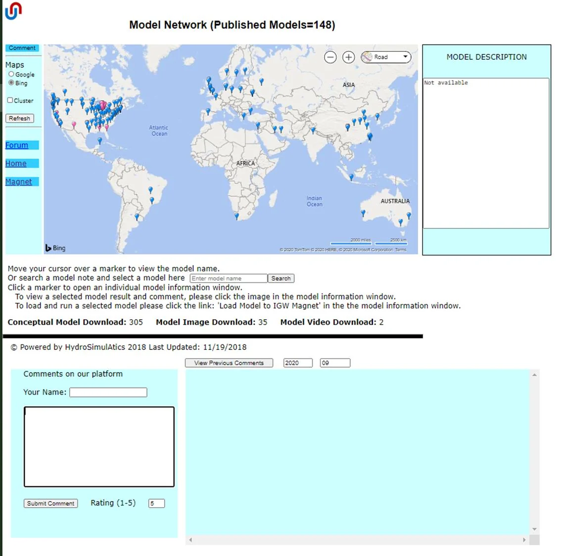 My Account page showing message box, activity report, and available download list options for IGW2D application, plan view images, and model result files