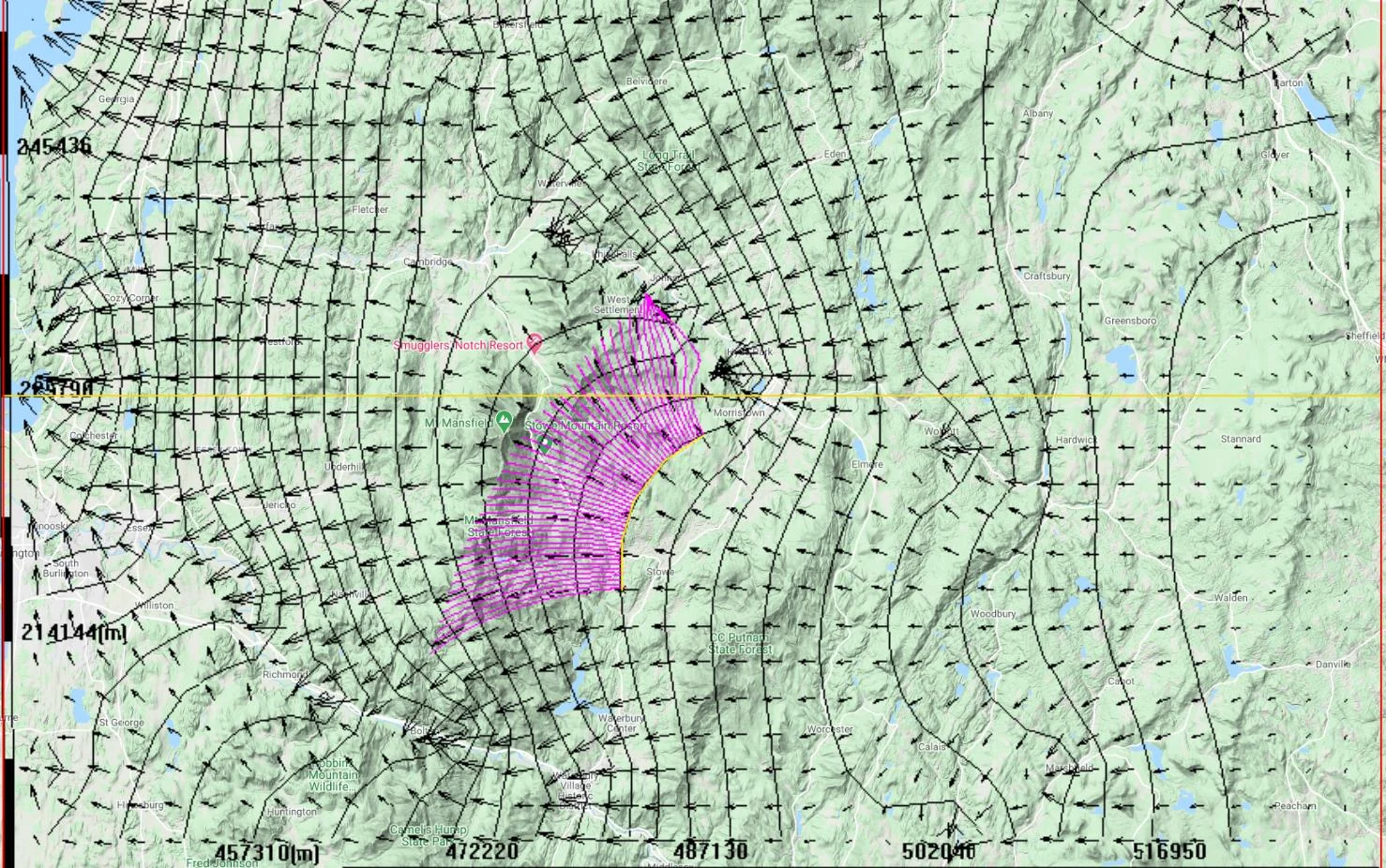 Simulated groundwater pathlines showing particle trajectories across a model domain, with particles released from a line feature and tracked forward through the flow field
