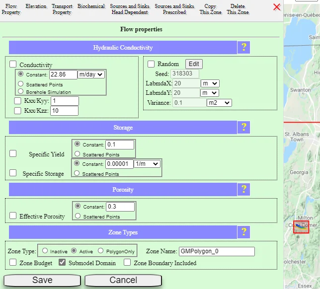 Submodel zone defined for the 2nd geologic layer of the model, showing how a zone can be used to override attributes for a specific conceptual layer