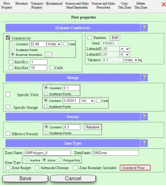 The Surface Water Overland Flow Options dialog open to the Land Use and Cover tab showing Manning coefficient and other surface-cover parameters