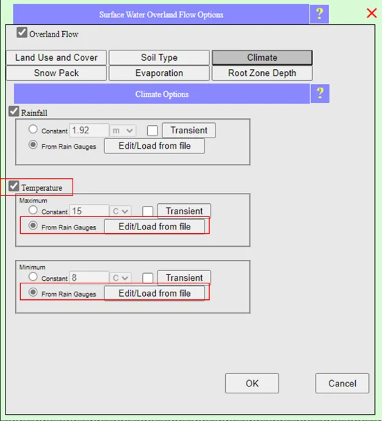 The Soil Type tab with Raster from Data Center selected, Lookup Table button highlighted, and full soil parameters listed