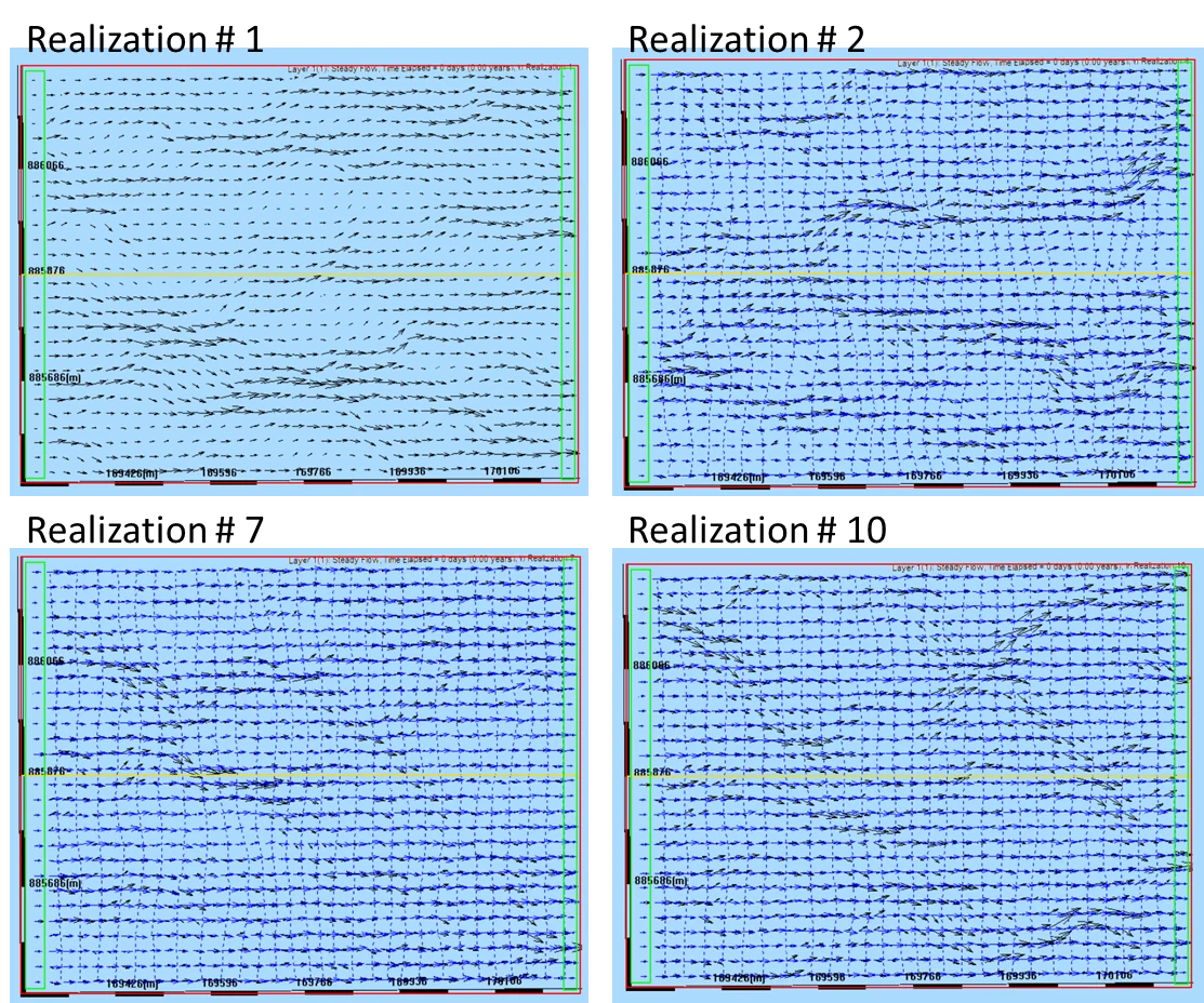 Head variance map showing the spatial distribution of head uncertainty across the model domain, with low variance near fixed-head boundaries and higher variance in the interior and near stress regions