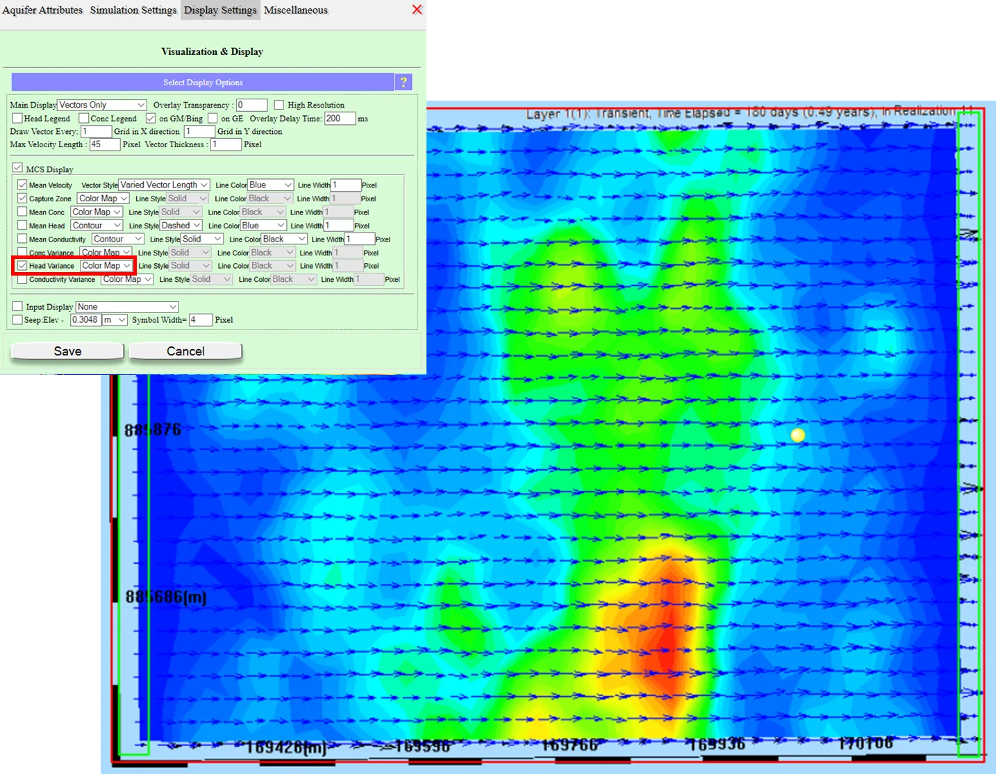 Monte Carlo results showing the mean head field with flow vectors, smoother than any single realization because it averages over the ensemble of random K patterns