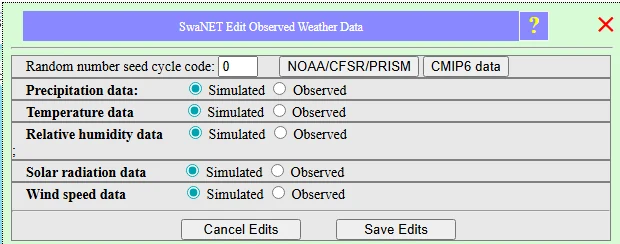 SwaNET Refine Model menu showing Edit Weather Data and related options