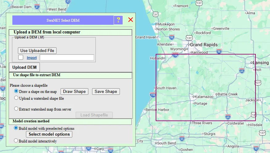 SwaNET Select DEM dialog showing the Draw Shape and Save Shape buttons, with a box drawn on the map containing the watershed