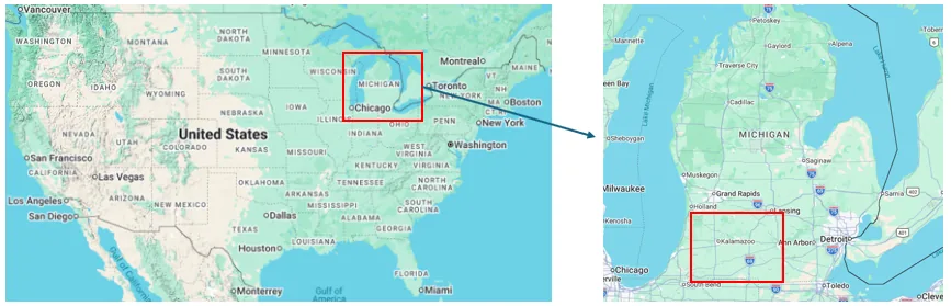 Zoom from the US down to southwestern Michigan, with the Kalamazoo River Watershed region highlighted