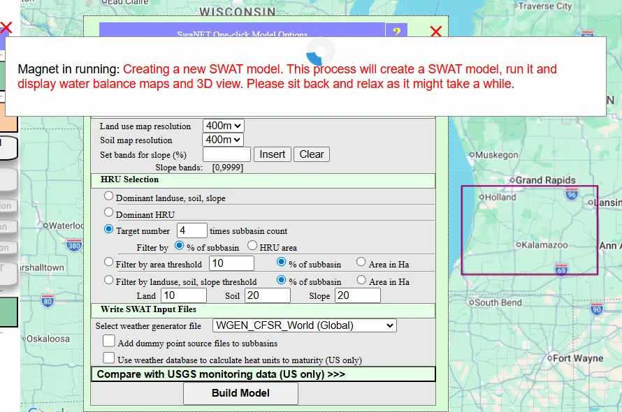 SwaNET status message: Creating a new SWAT model. This process will create a SWAT model, run it and display water balance maps and 3D view. Please sit back and relax as it might take a while.
