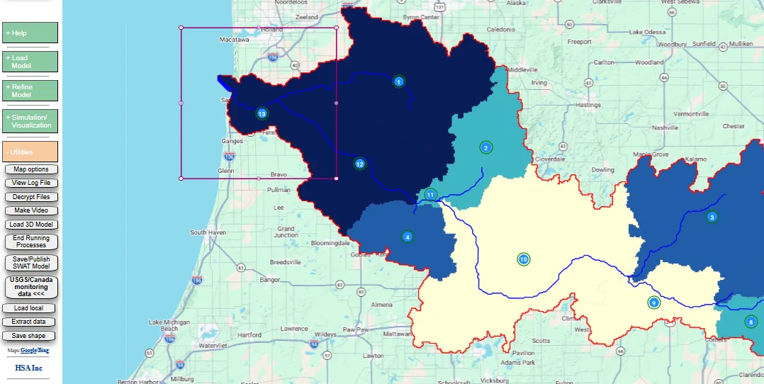 Watershed map with extraction area drawn near the outlet, showing the subbasin coloring