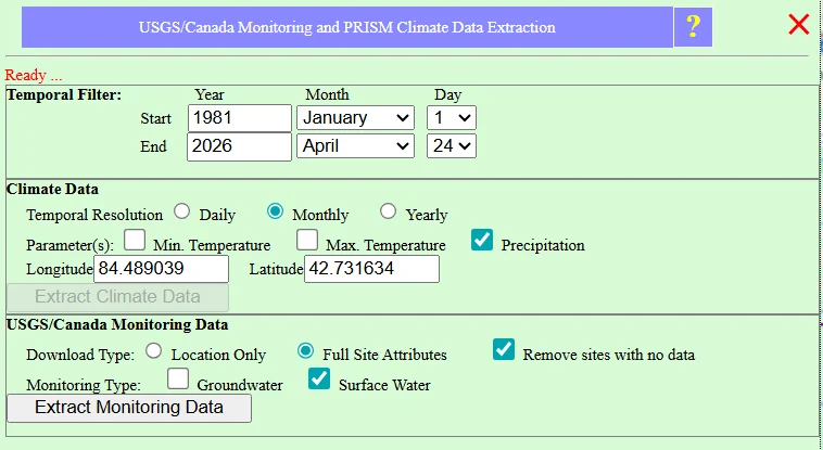 USGS/Canada Monitoring and PRISM Climate Data Extraction popup with Full Site Attributes selected, Groundwater unchecked, and Surface Water checked