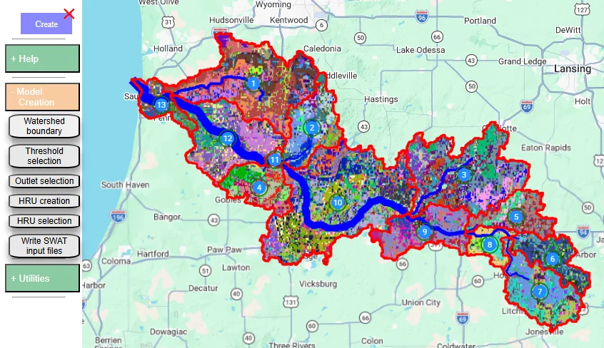 Load Model dialog with the watershed boundary visible on the map and the Select model options button highlighted