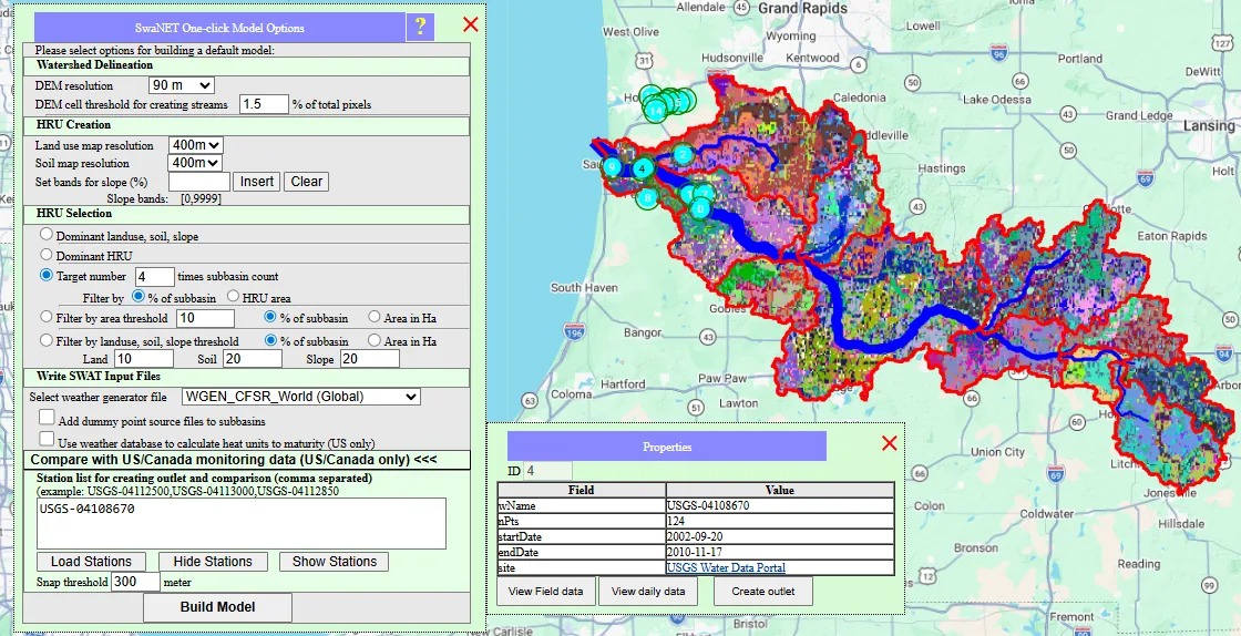 One-click Model Options panel with DEM resolution set to 90m, station list showing USGS-04108670, and the watershed map with monitoring station markers