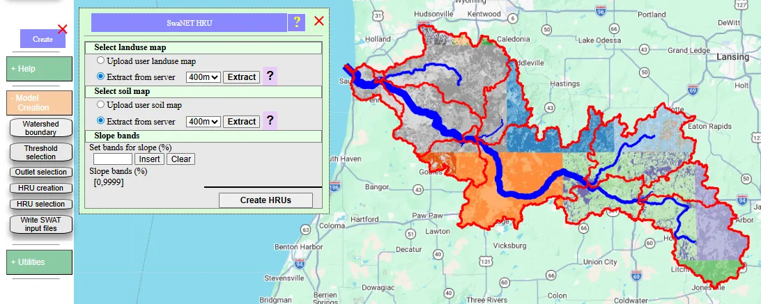 SwaNET HRU dialog with 30m land use and soil maps set to extract from server, plus the watershed with 30m land use overlay