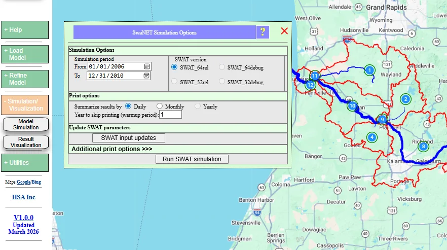 SwaNET Simulation Options dialog with simulation period 01/01/1990 to 12/31/1991 and one year warmup, with Run SWAT simulation button highlighted