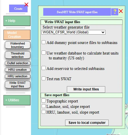 SwaNET Write SWAT input files dialog with the Write input files button highlighted