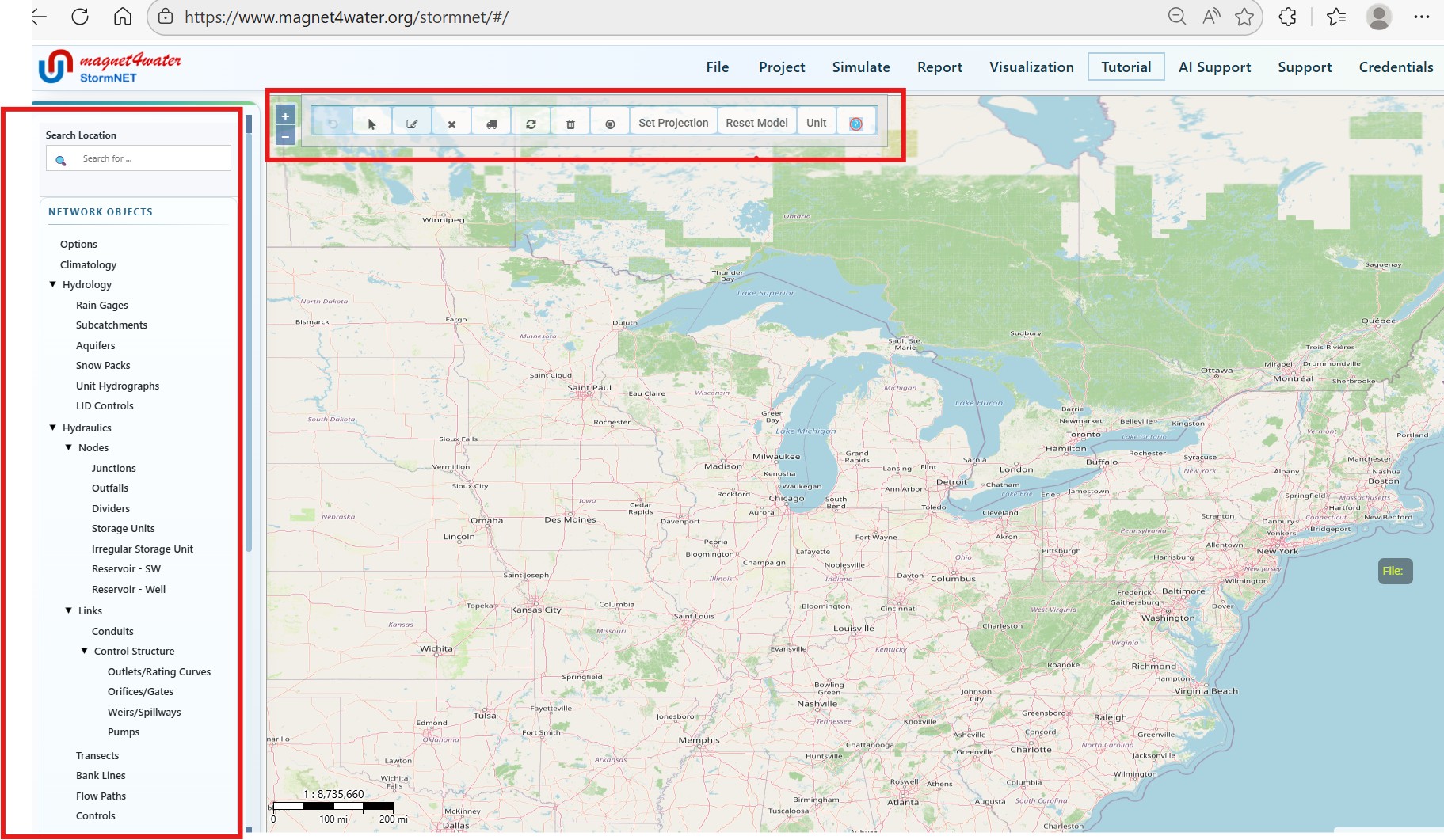 Figure 1 β StormNET interface: menu bar, network objects panel, map display, and toolbar