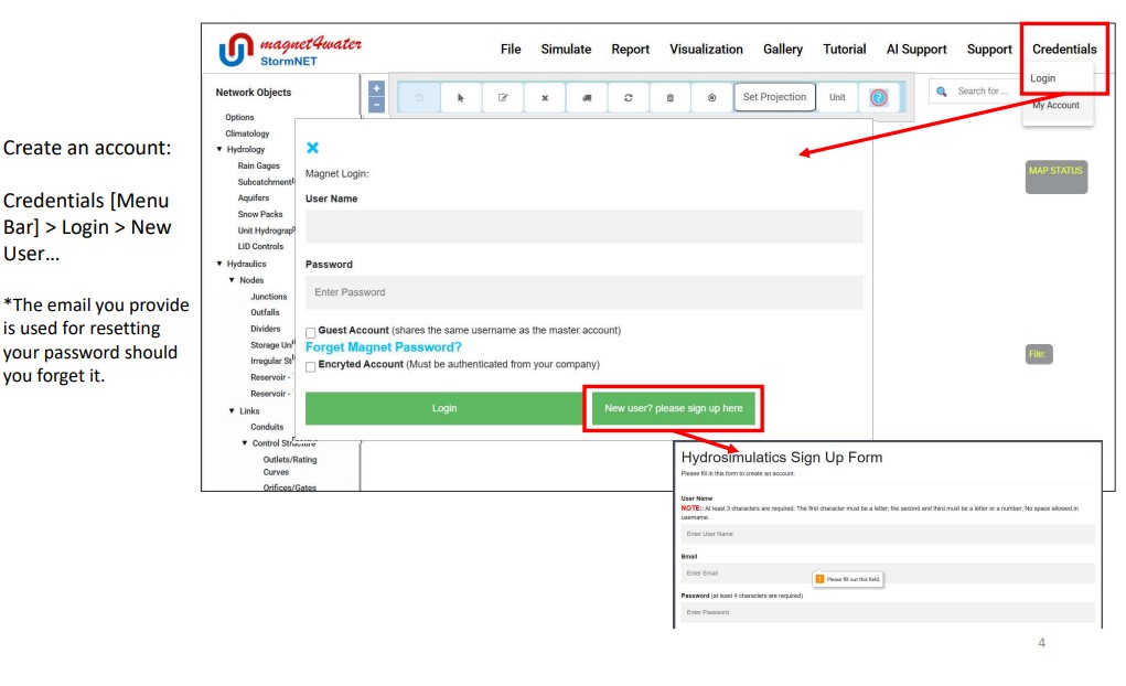 Figure 2 β StormNET login: click Credentials in the menu bar, then My Account (new users) or Login (existing users)