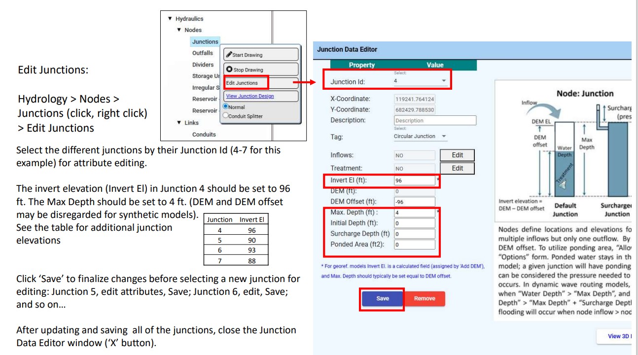 Figure 9 β Junction Data Editor: set invert elevations and max depth for each junction