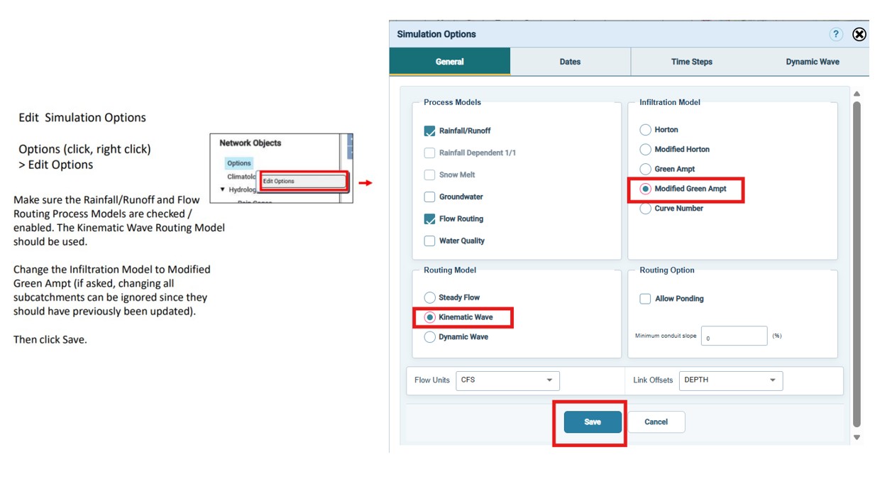 Figure 22 β Simulation options: enable process models, set routing and infiltration methods
