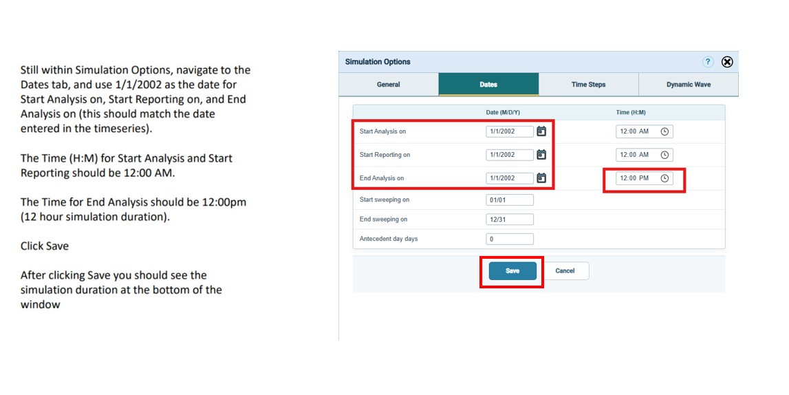 Figure 23 β Dates tab: start and end times for 12-hour simulation