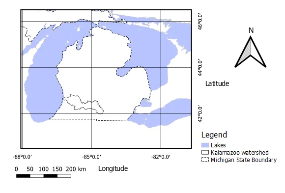 Kalamazoo River watershed location in Michigan and the Great Lakes region